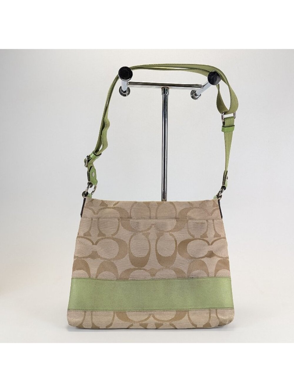 COACH Signature Crossbody Bag F19220 Beige Lime Green Stripe - Good Condition
